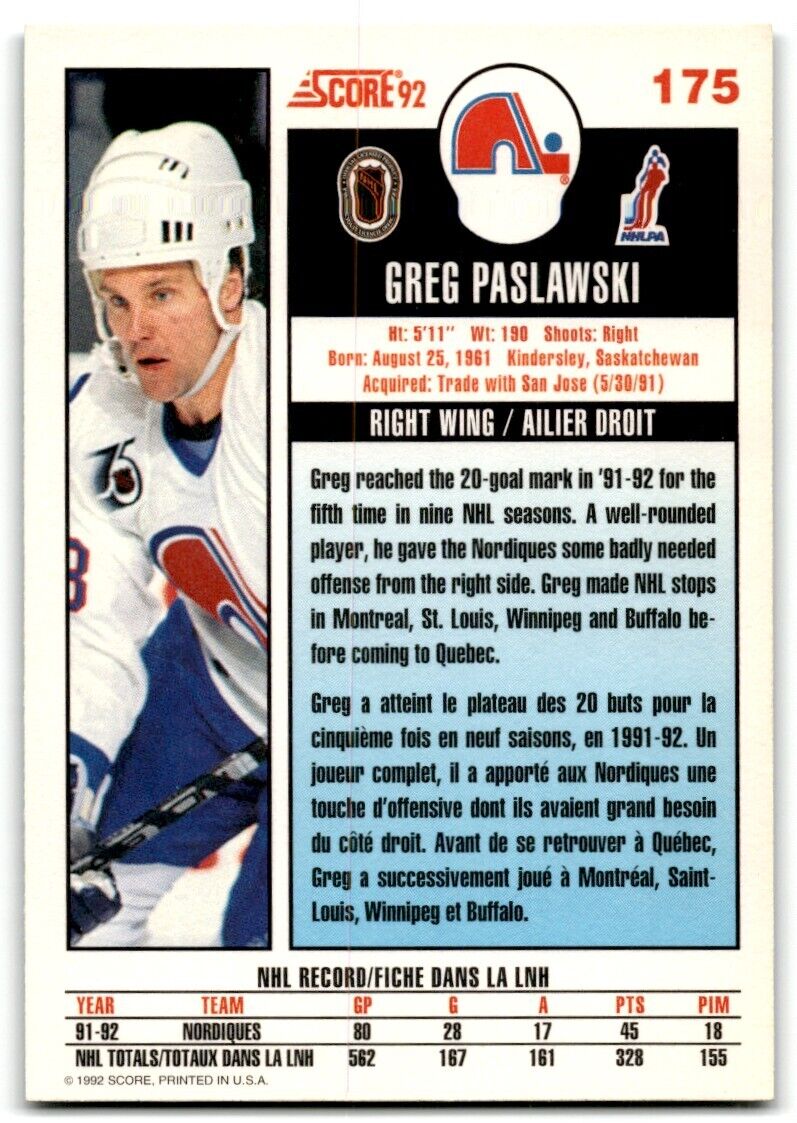 1992-93 Score Greg Paslawski Quebec Nordiques #175