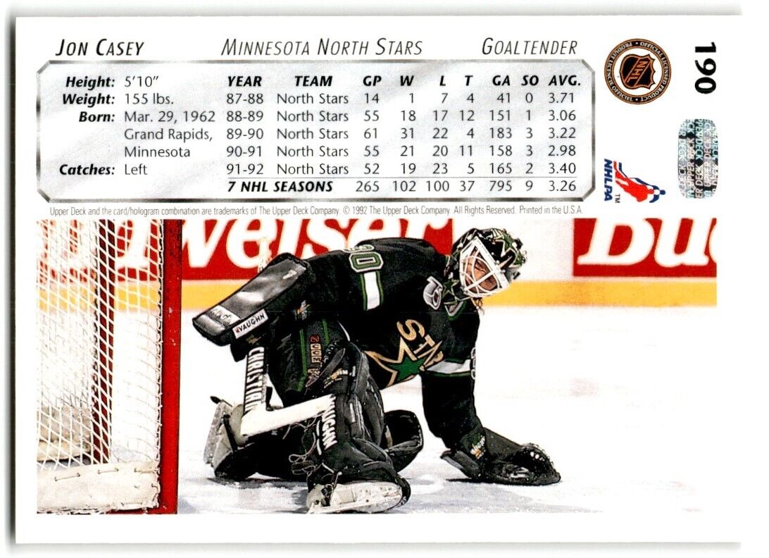 1992-93 Upper Deck Jon Casey Minnesota North Stars #190