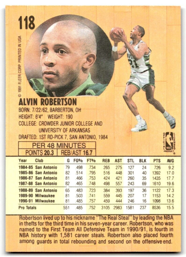 1991-92 Fleer Alvin Robertson Milwaukee Bucks #118