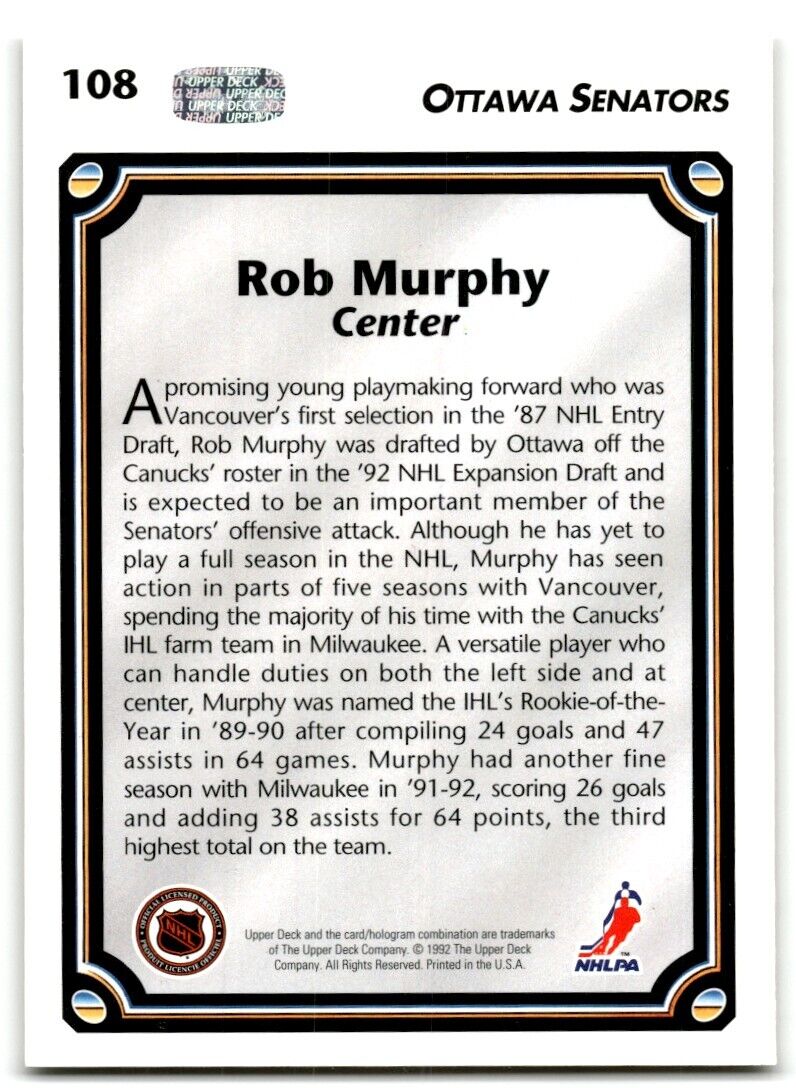 1992-93 Upper Deck Rob Murphy Ottawa Senators #108