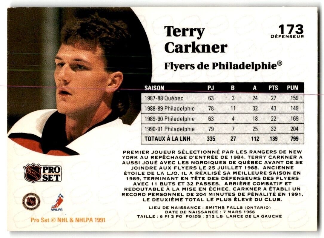 1991-92 Pro Set French Terry Carkner Philadelphia Flyers #173