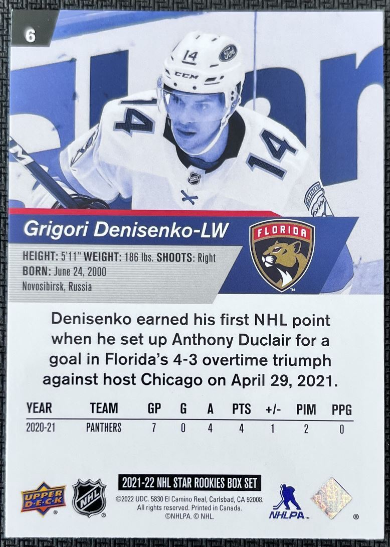 2021-22 Upper Deck NHL Star Rookie Grigori Denisenko Rookie Florida Panthers #6