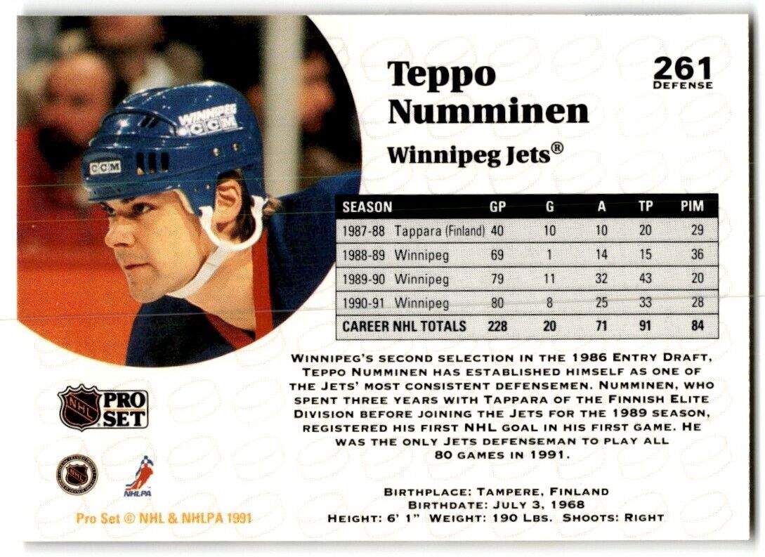 1991-92 Pro Set Teppo Numminen Winnipeg Jets #261