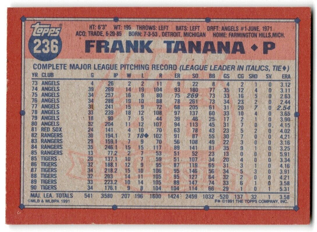 1991 Topps Frank Tanana Detroit Tigers #236