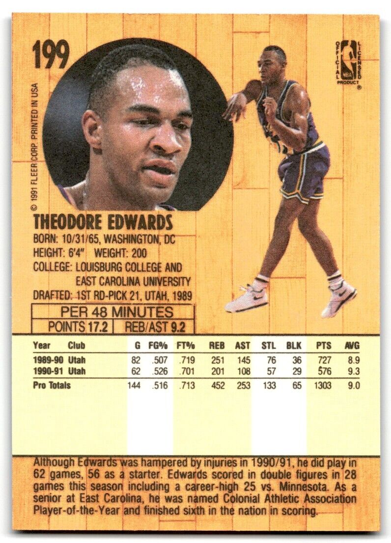 1991-92 Fleer Theodore Edwards Utah Jazz #199