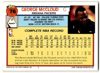 1992-93 Topps George McCloud Indiana Pacers #76