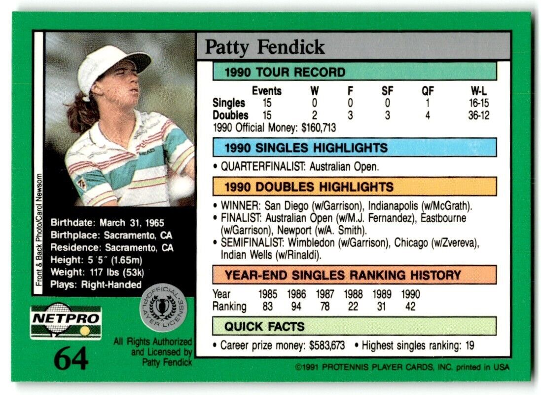 1991 Protennis player Cards Netpro Tour Star Patty Fendick #64