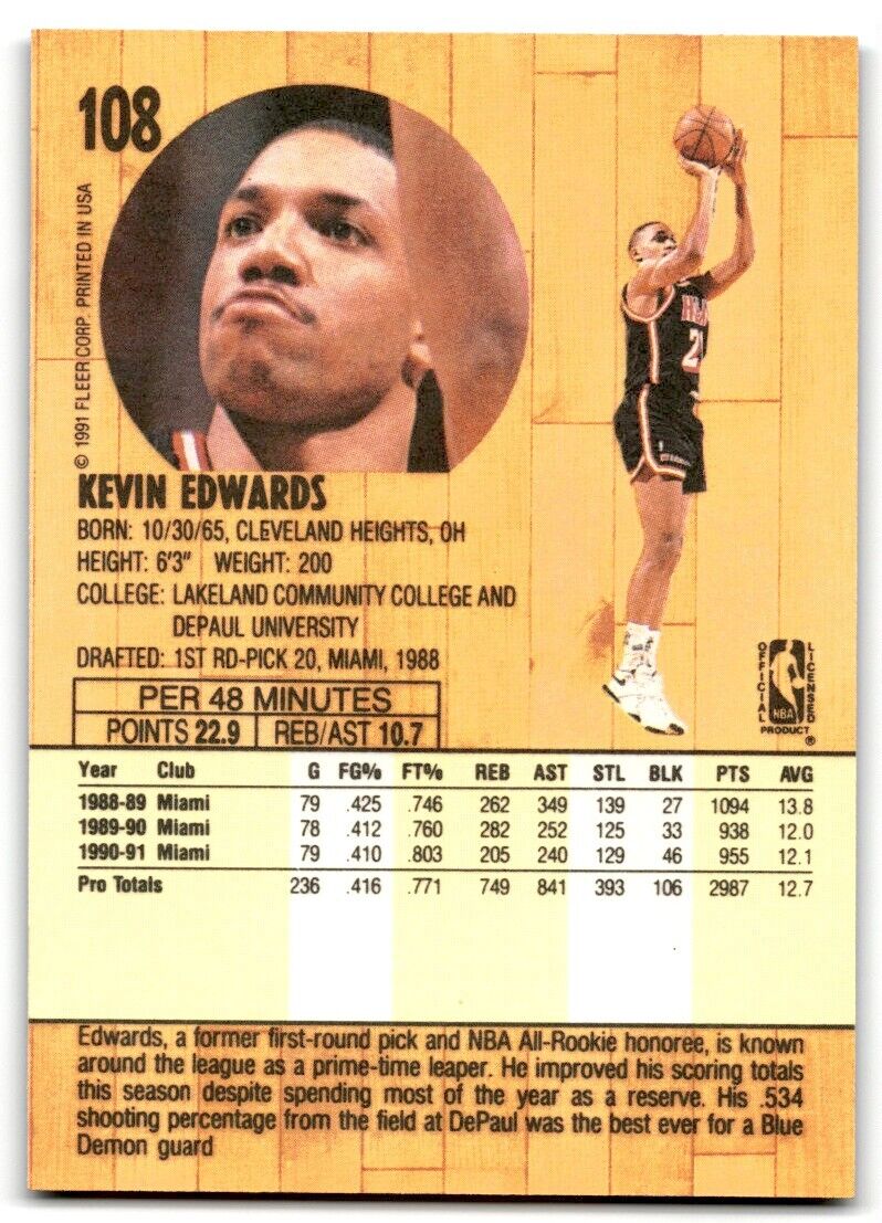 1991-92 Fleer Kevin Edwards Miami Heat #108