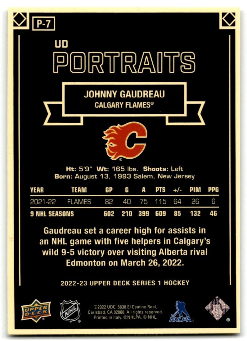 2022-23 Upper Deck UD Portraits Johnny Gaudreau Calgary Flames #P-7