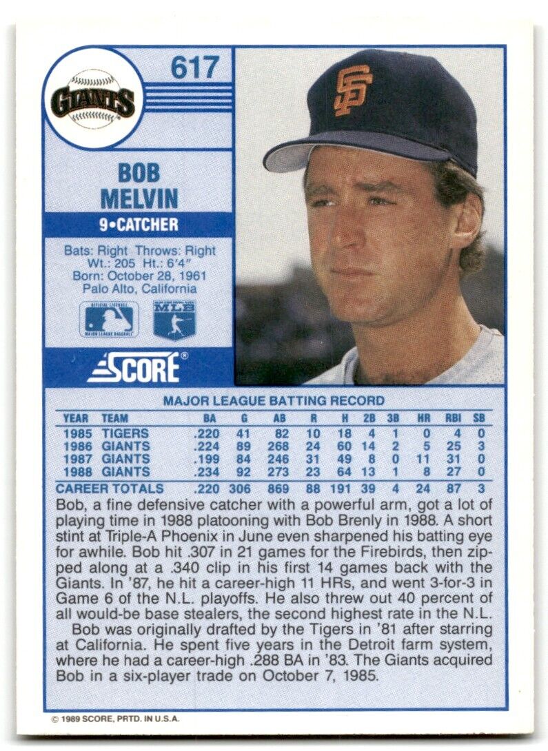 1989 Score Bob Melvin San Francisco Giants #617