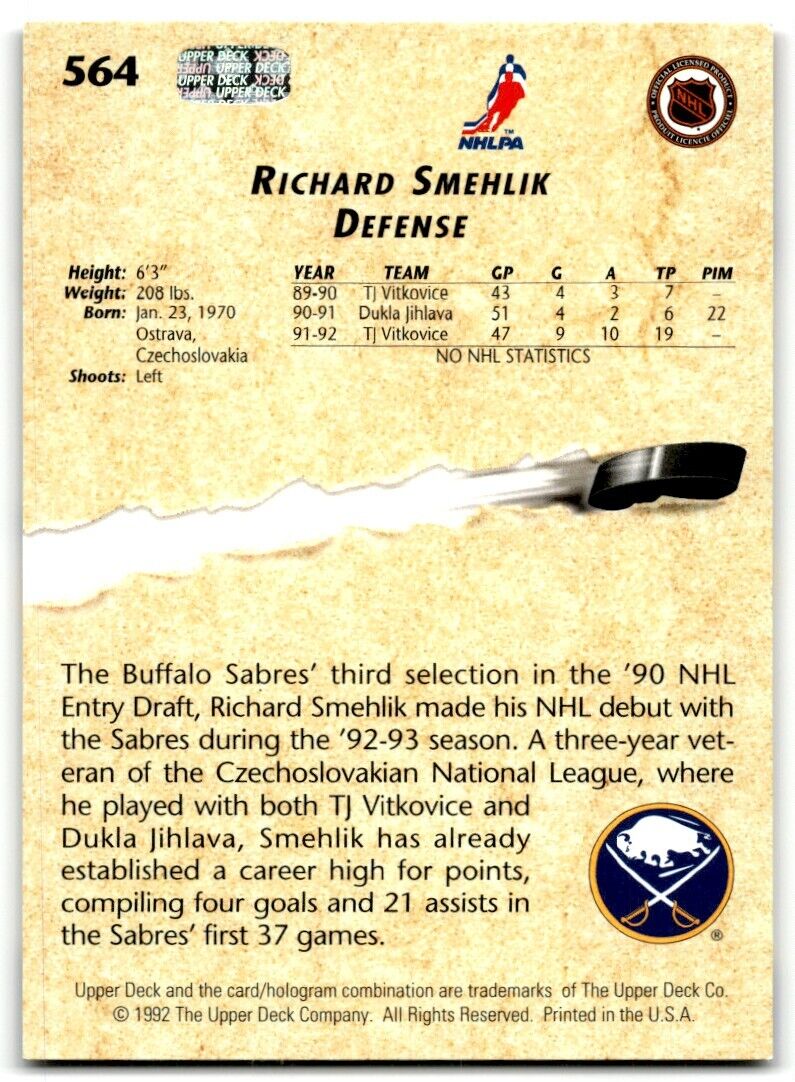 1992-93 Upper Deck Richard Smehlik Rookie Buffalo Sabres #564