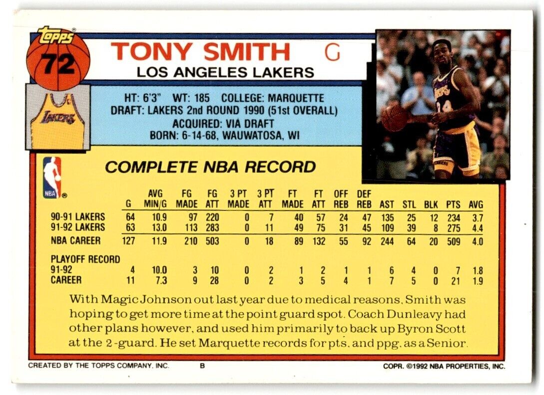 1992-93 Topps Tony Smith Los Angeles Lakers #72