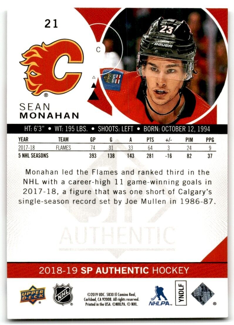 2019-20 SP Authentic Sean Monahan Calgary Flames #21