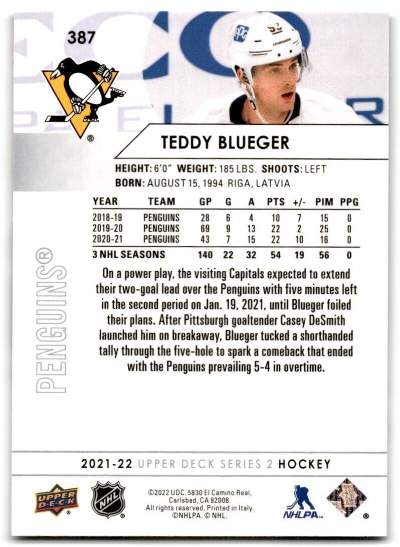 2021-22 Upper Deck Teddy Blueger Pittsburgh Penguins #387