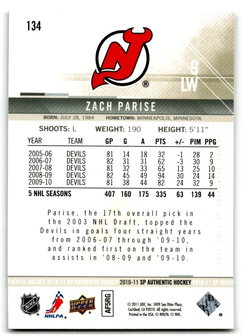 2010-11 SP Authentic Zach Parise New Jersey Devils #134