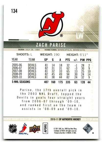 2010-11 SP Authentic Zach Parise New Jersey Devils #134