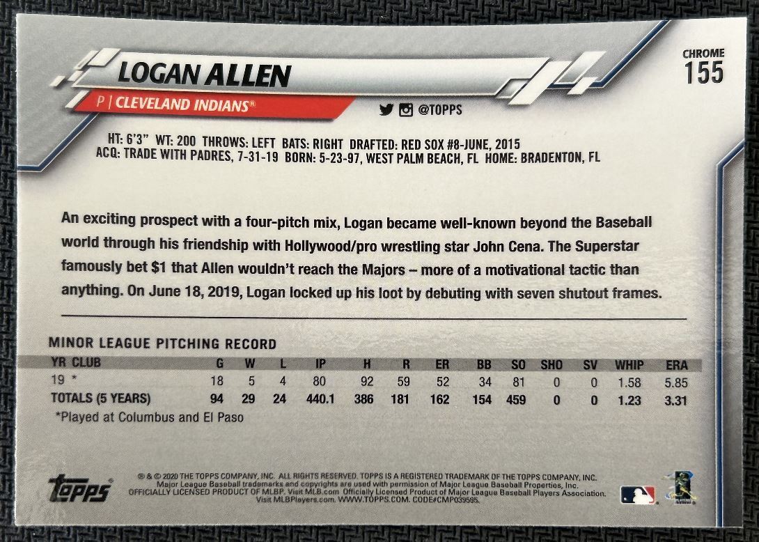 2020 Topps Chrome Logan Allen Rookie Cleveland Indians #155