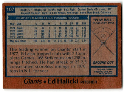 1978 Topps Ed Halicki San Francisco Giants #107