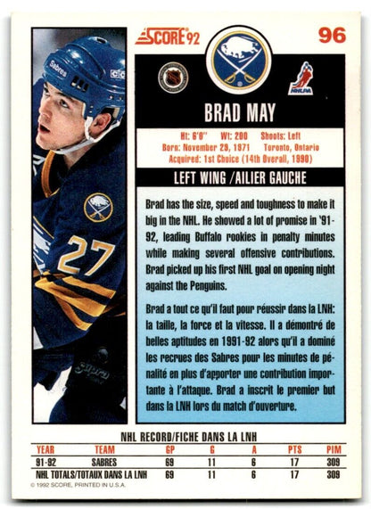 1992-93 Score Brad May Buffalo Sabres #96