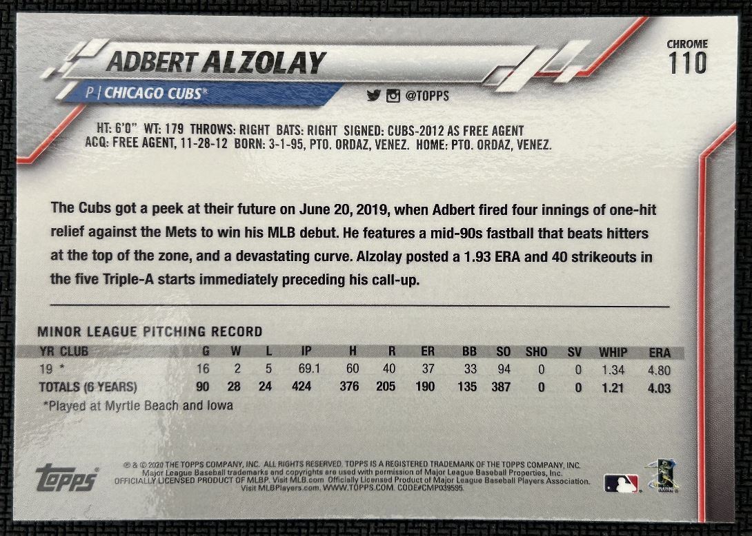 2020 Topps Chrome Adbert Alzolay Rookie Chicago Cubs #110