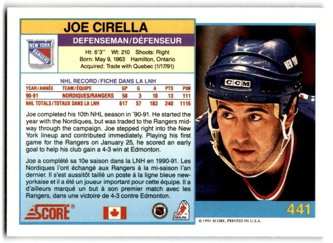 1991-92 Score Canadian Joe Cirella New York Rangers #441