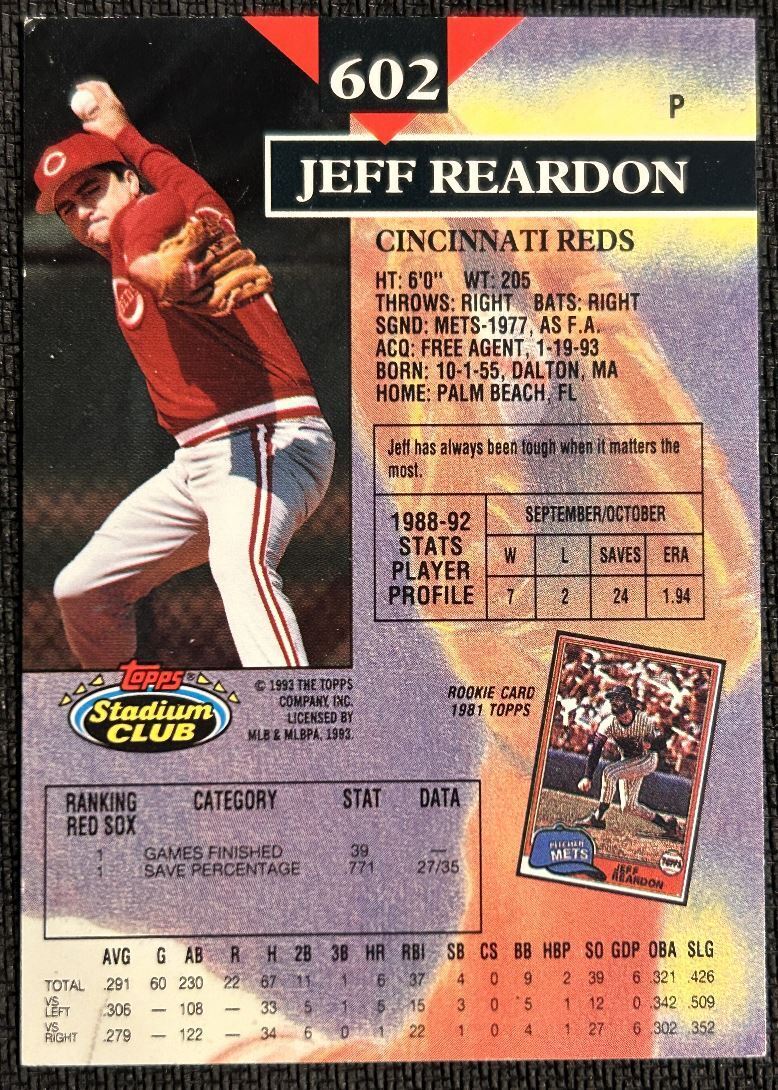 1993 Topps Stadium Club Jeff Reardon Cincinnati Reds #602