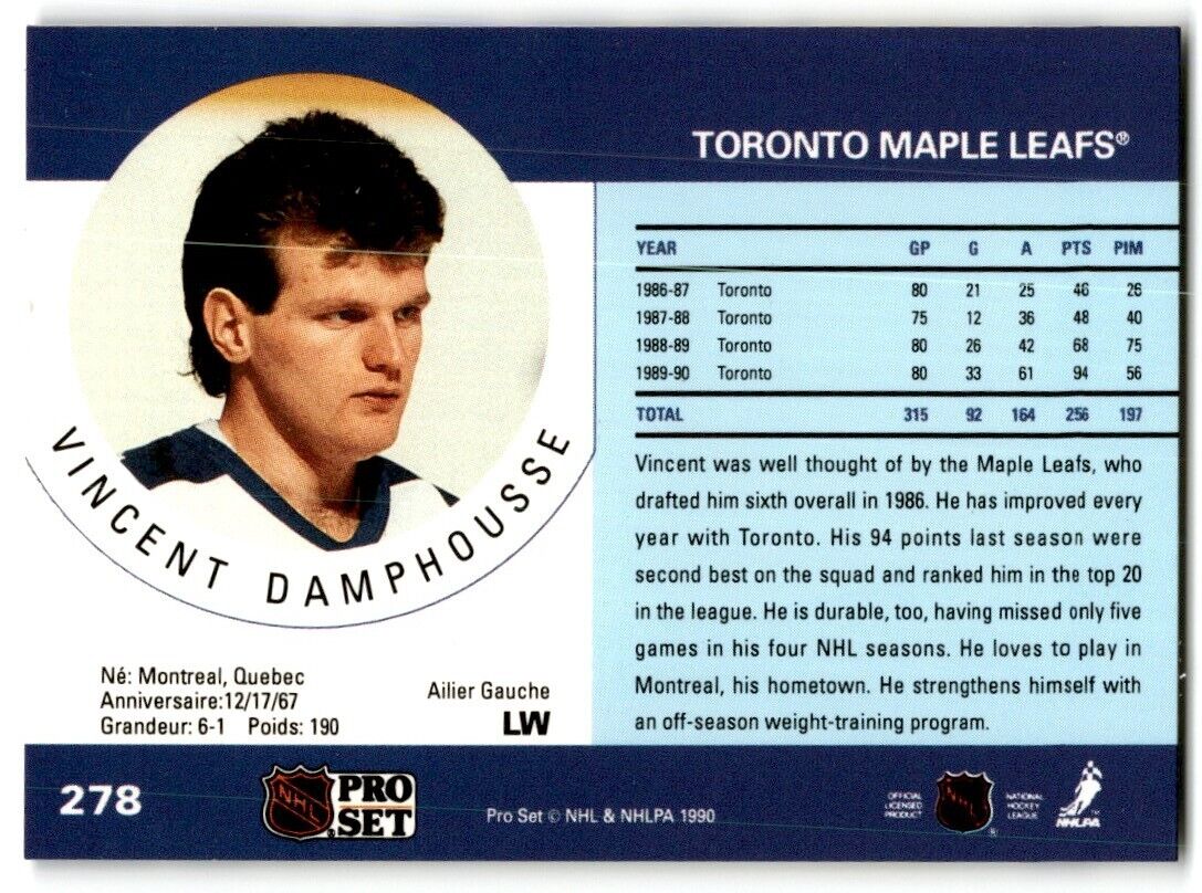 1990-91 Pro Set Vincent Damphousse Toronto Maple Leafs #278