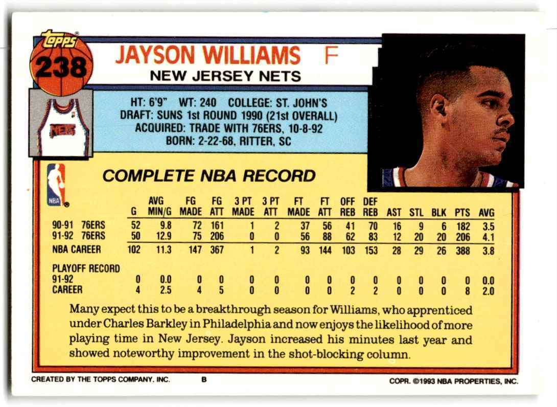 1992-93 Topps Jayson Williams New Jersey Nets #238