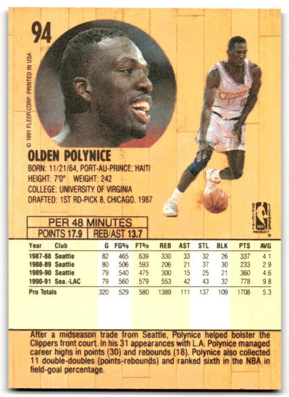 1991-92 Fleer Olden Polynice Los Angeles Clippers #94