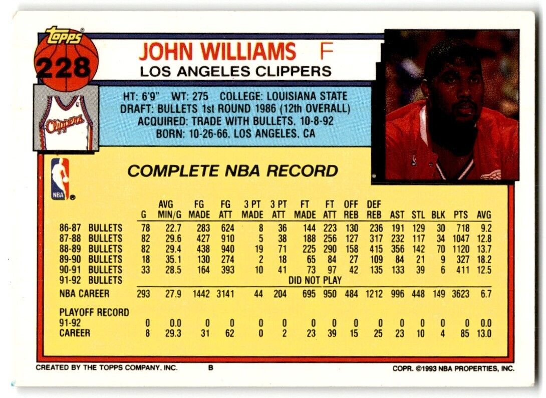 1992-93 Topps John Williams Los Angeles Clippers #228