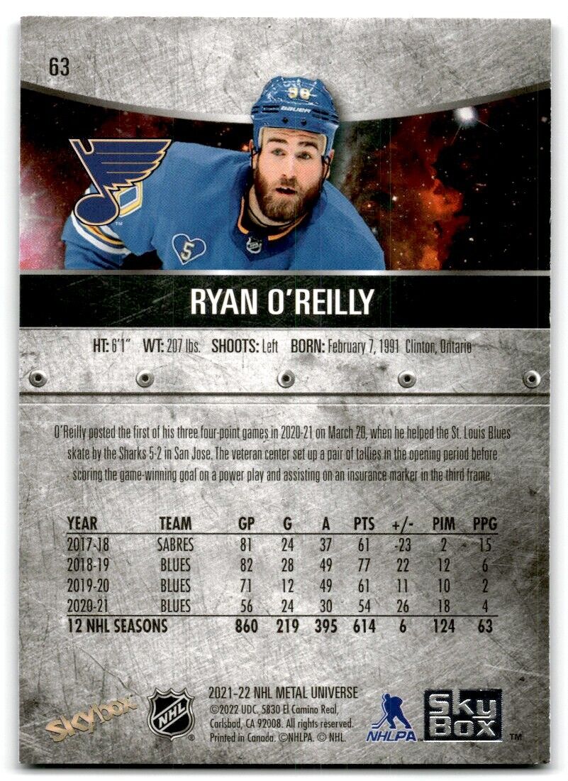 2021-22 Skybox Metal Universe Ryan O'Reilly St. Louis Blues #63