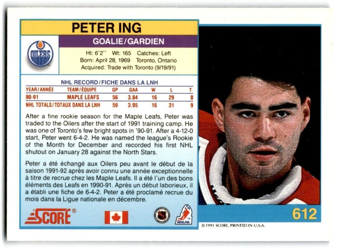 1991-92 Score Canadian Bilingual Peter Ing Edmonton Oilers #612