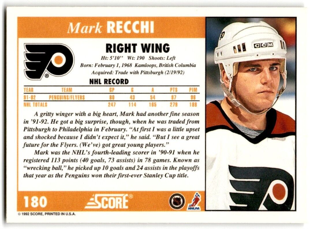 1992-93 Score Mark Recchi Philadelphia Flyers #180