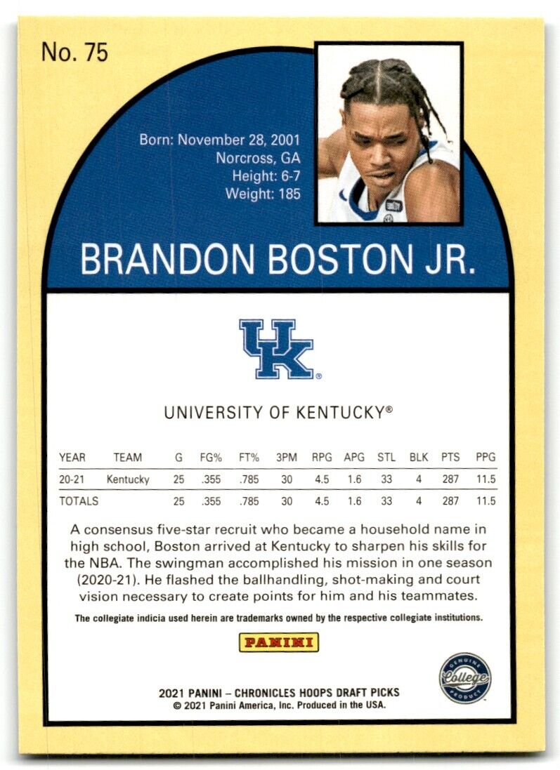 2021-22 Panini Chronicles Draft Picks Brandon Boston Jr. Kentucky Wildcats #75