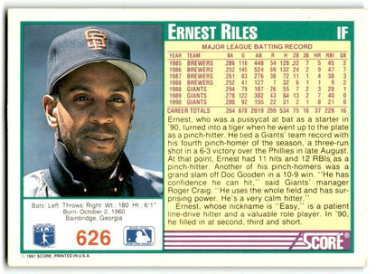 1991 Score Ernest Riles San Francisco Giants #626