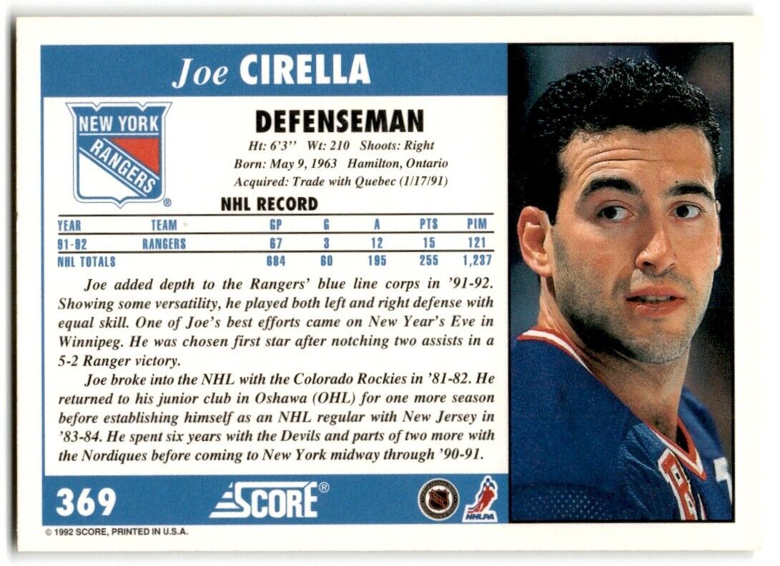 1992-93 Score Joe Cirella New York Rangers #369