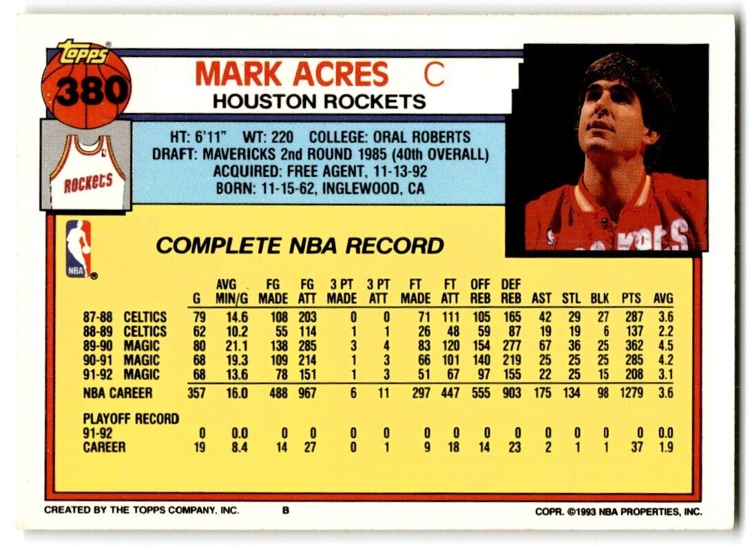 1992-93 Topps Mark Acres Houston Rockets #380