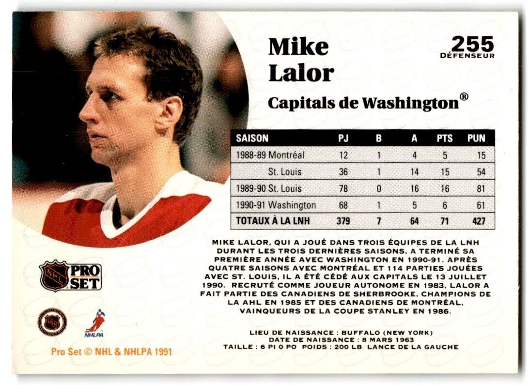 1991-92 Pro Set Mike Lalor Washington Capitals #255