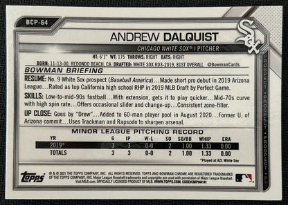 2021 Bowman Chrome Prospects Andrew Dalquist Chicago White Sox #BCP-64