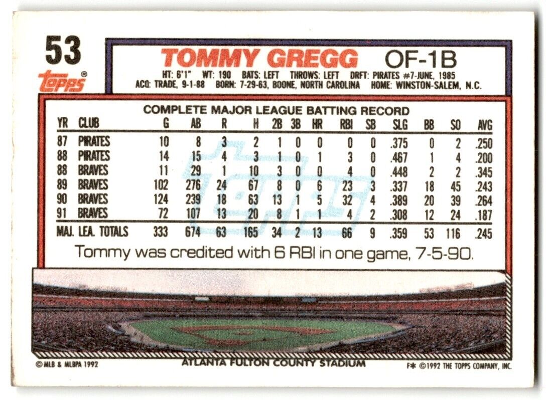 1992 Topps Tommy Gregg Atlanta Braves #53