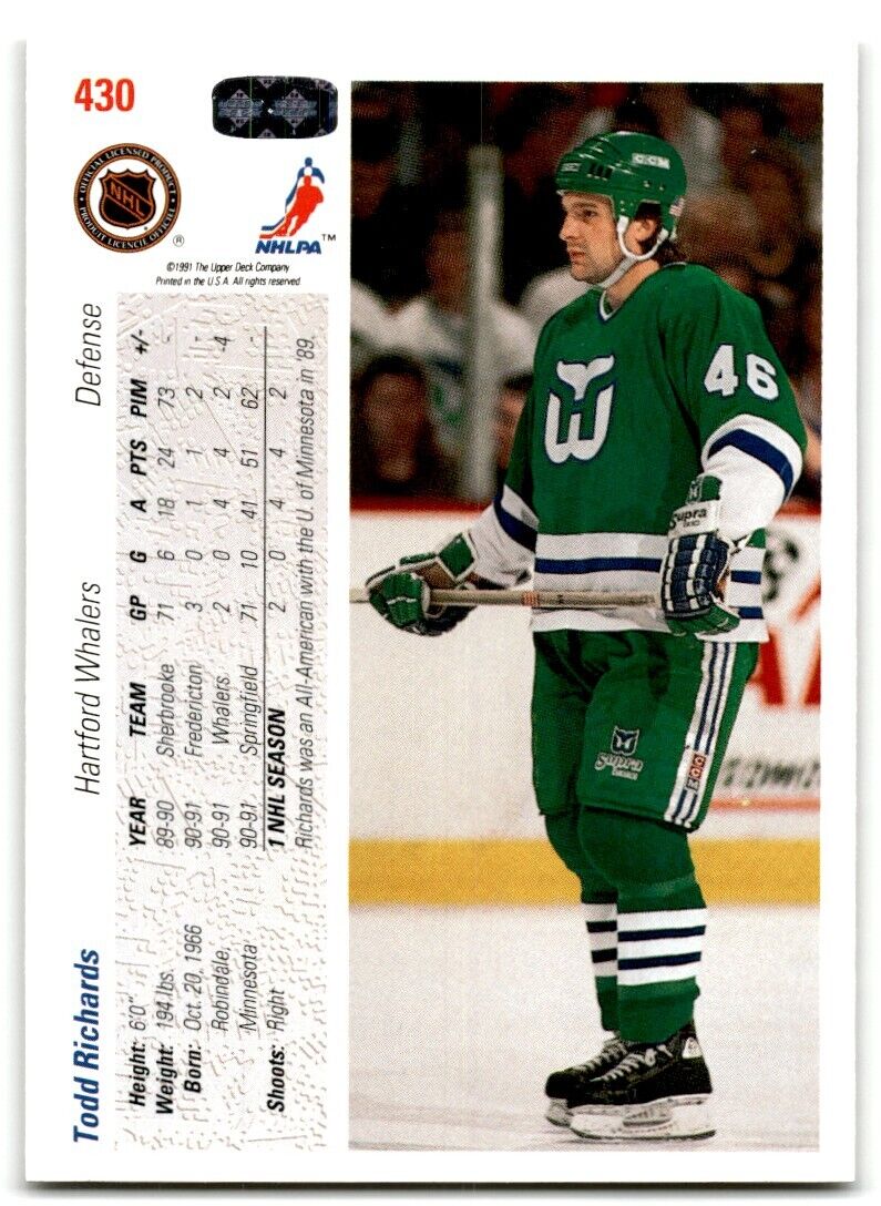 1991-92 Upper Deck Todd Richards Rookie Hartford Whalers #430