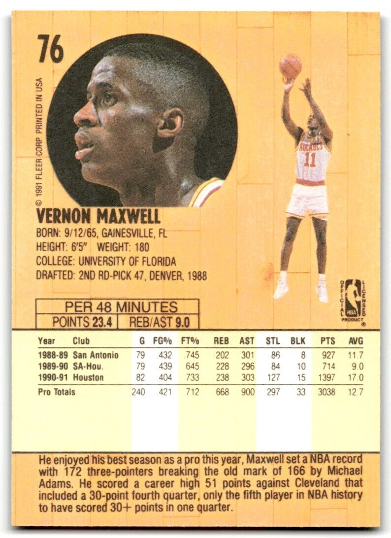 1991-92 Fleer Vernon Maxwell Houston Rockets #76