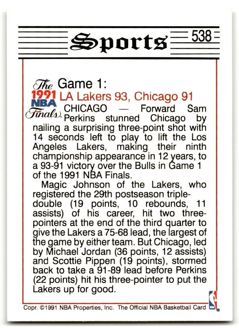 1991-92 Hoops Perkins' 3-Pointer Gives Lakers 1-0 Lead Los Angeles Lakers #538