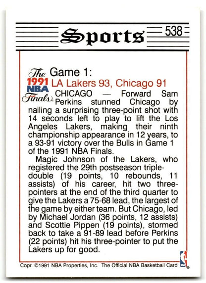 1991-92 Hoops Perkins' 3-Pointer Gives Lakers 1-0 Lead Los Angeles Lakers #538