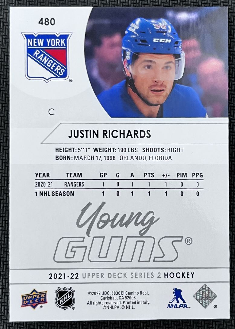 2021-22 Upper Deck Justin Richards Rookie New York Rangers #480