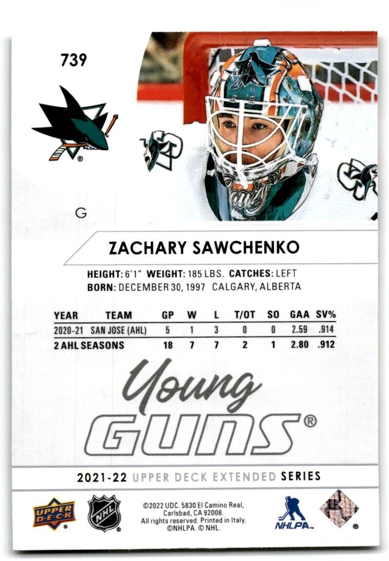 2021-22 Upper Deck Zachary Sawchenko Rookie San Jose Sharks #739