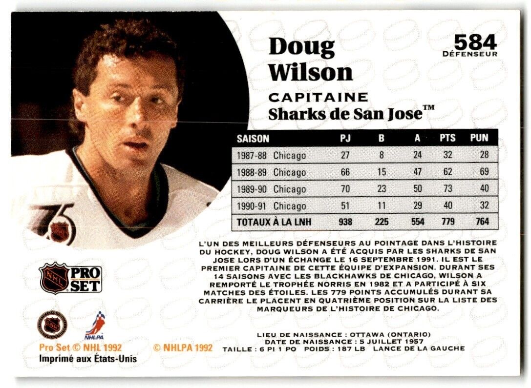 1991-92 Pro Set French Doug Wilson San Jose Sharks #584