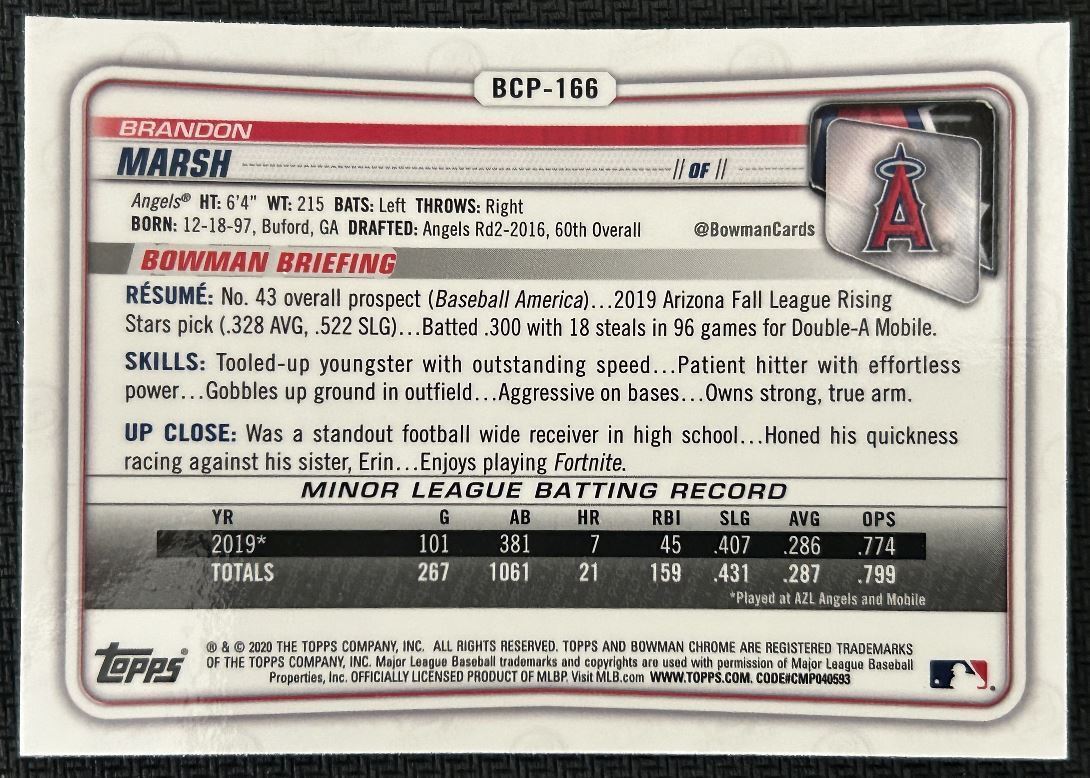 2020 Bowman Chrome Prospects Brandon Marsh Los Angeles Angels #BCP-166