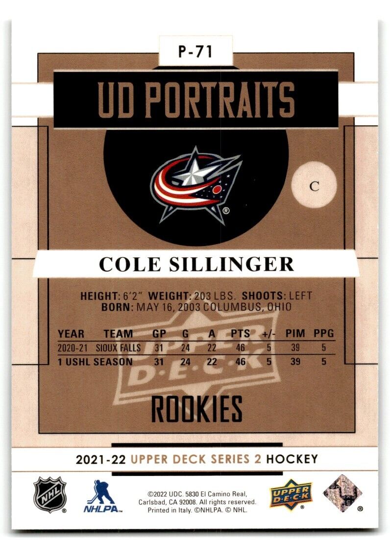 2021-22 Upper Deck UD Portraits Cole Sillinger Columbus Blue Jackets #P-71