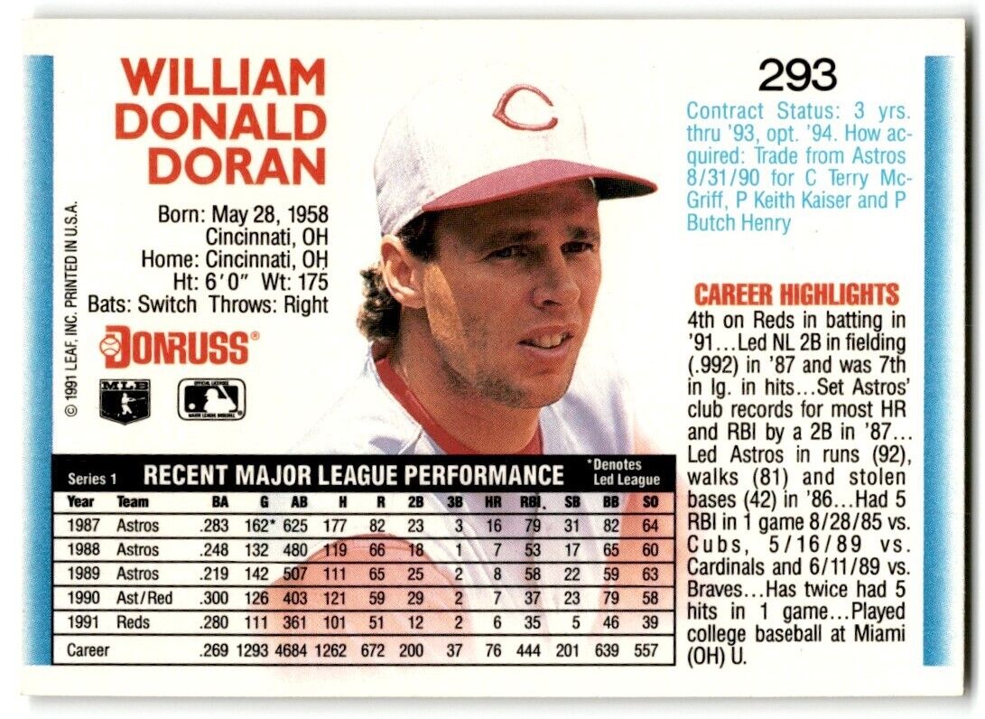 1992 Donruss Bill Doran Cincinnati Reds #293